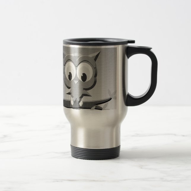 Newsprint Owl In Black And White Travel Mug (Right)