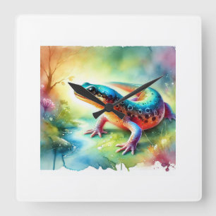 Newt in a Vibrant Watercolor Scene 100924AREF122 - Square Wall Clock