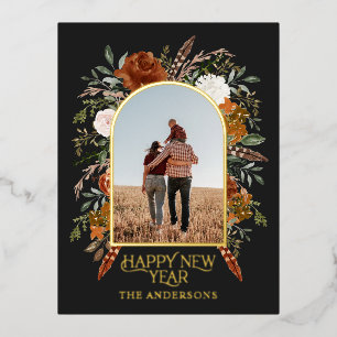 Newyear budget botanical elegant black traditional foil holiday postcard