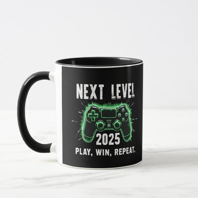 Next Level 2025 Play Win Repeat Funny Gaming Gamer Mug (Left)