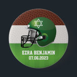 NFL American Football Bar Mitzvah 7.5 Cm Round Badge<br><div class="desc">Brown, green, and white American football Bar Mitzvah favour button. These American football Bar Mitzvah favour buttons feature a brown leather dimpled background that looks like the leather of a football, a white dimpled leather stripe and a green grass looking football field. This green, brown and white football themed background...</div>