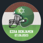 NFL American Football Bar Mitzvah Classic Round Sticker<br><div class="desc">Brown, green, and white American football Bar Mitzvah favour or envelope seal stickers. These American football Bar Mitzvah favour or envelope seal stickers feature a brown leather dimpled background that looks like the leather of a football, a white dimpled leather stripe and a green grass looking football field. This green,...</div>