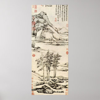 Ni Zan - trees in a river valley in Yu-shan Poster