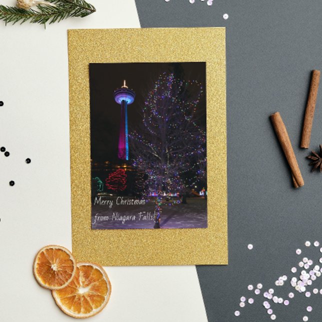 Niagara Falls Skylon Tower with Christmas Lights Holiday Postcard (Creator Uploaded)