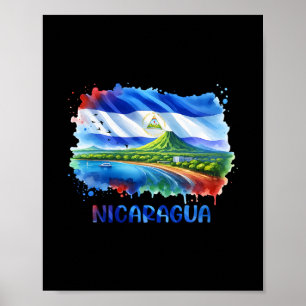 Nicaragua Flag Art Scenic Volcano And Coastline Va Poster