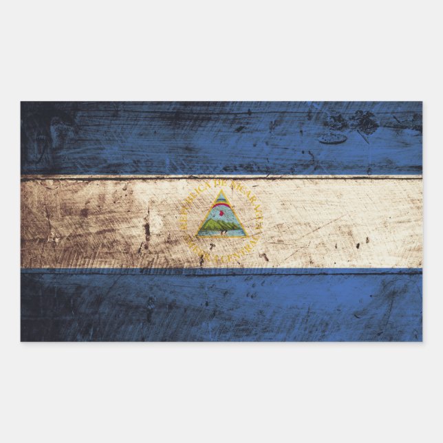 Nicaragua Flag on Old Wood Grain Rectangular Sticker (Front)