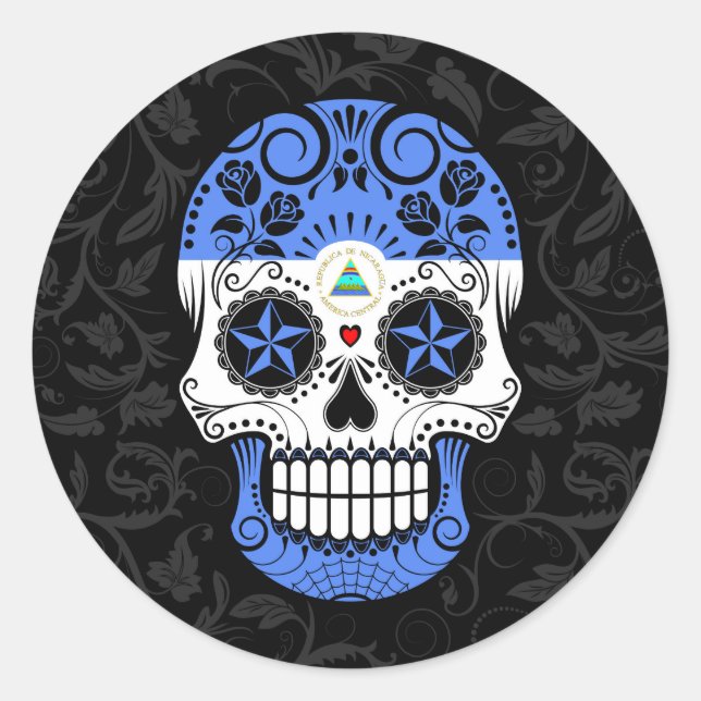 Nicaraguan Flag Sugar Skull with Roses Classic Round Sticker (Front)