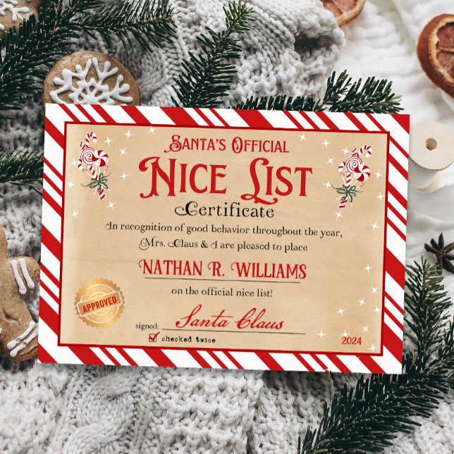 Nice Certificate from Santa Approved Checked Twice Invitation (Official Nice List Certificate Santa Claus North Pole letter instant download printable)
