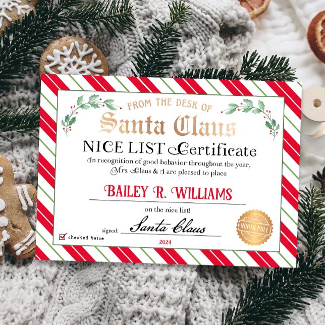 Nice Certificate from Santa Approved Checked Twice Invitation (Official Nice List Certificate Santa Claus North Pole letter instant download printable)