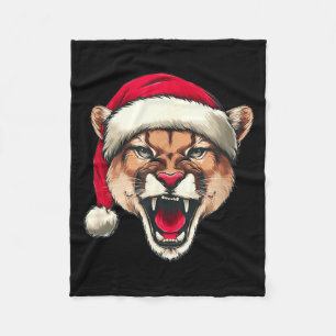 Nice Cougar With Santa Claus Hat For Christmas Cat Fleece Blanket