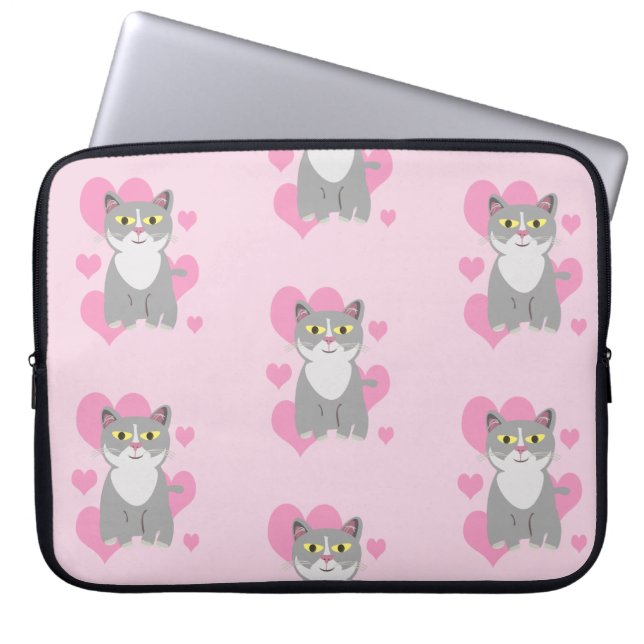 Nice Cute Grey Cat Love Cartoon Pattern Laptop Sleeve (Front)