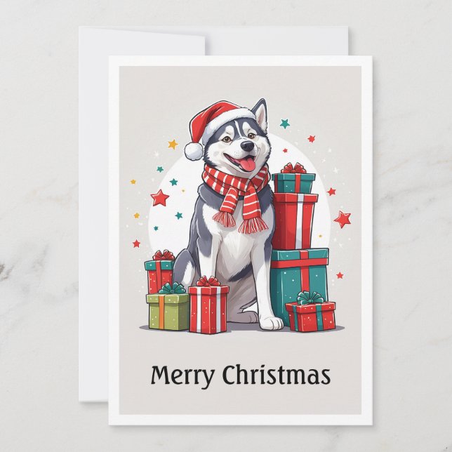 Nice Cute Siberian Husky Santa Claus Christmas Dog Holiday Card (Front)
