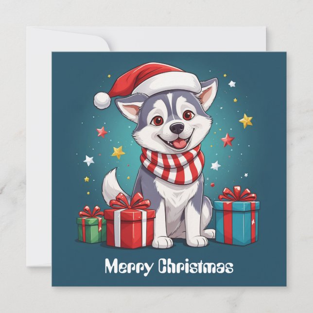 Nice Cute Siberian Husky Santa Claus Christmas Dog Holiday Card (Front)