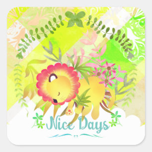 "Nice Days" Sleeping Lion Plaid Square Sticker