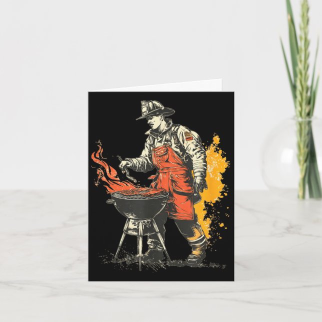 Nice firefighter with bbq grill for beef and spicy card (Front)