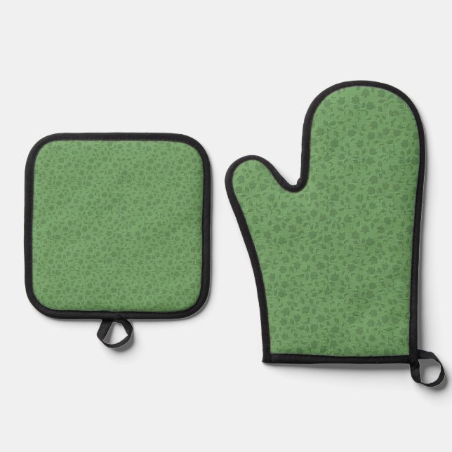 Nice Floral Green Oven Mitt & Pot Holder Set (Front)