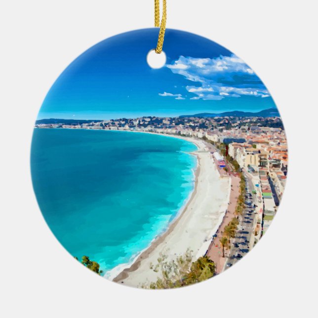 Nice, France Coastline Watercolor Ceramic Ornament (Front)