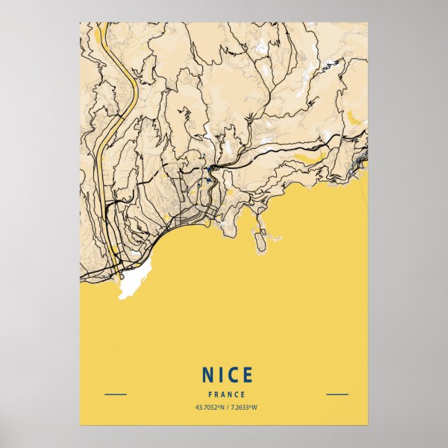 Nice - France Yellow City Map Poster (Front)