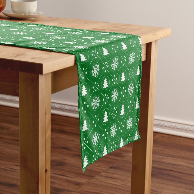 Nice Green White Snowflake Christmas Tree Design Short Table Runner (In Situ)