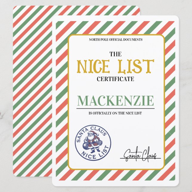 Nice List Certificate Signed by Santa Personalized Holiday Card (Front/Back)