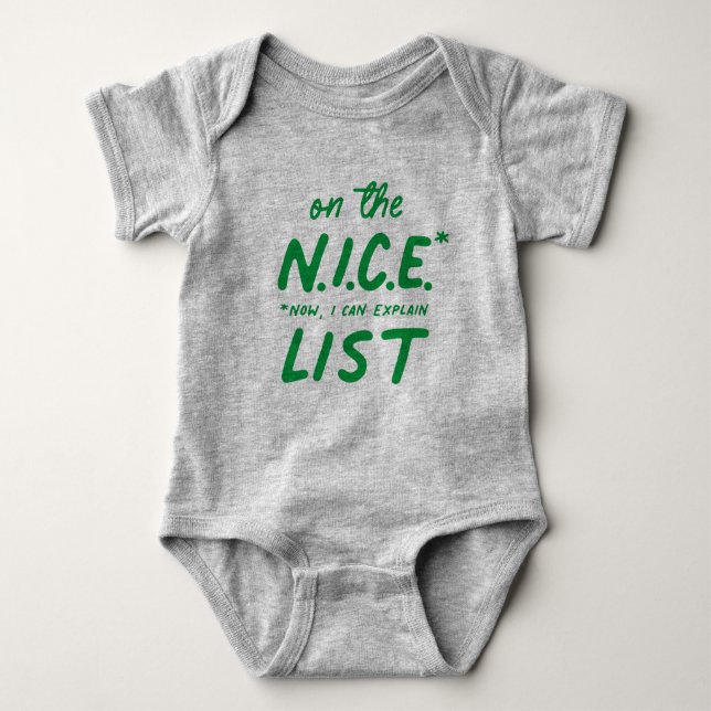 Nice list cute funny green Christmas Baby Bodysuit (Front)