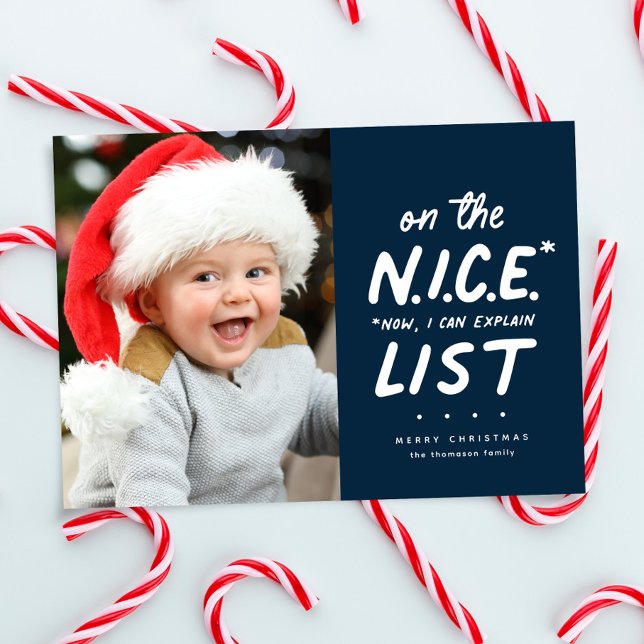 Nice list funny cute one photo navy Christmas Holiday Card (Creator Uploaded)
