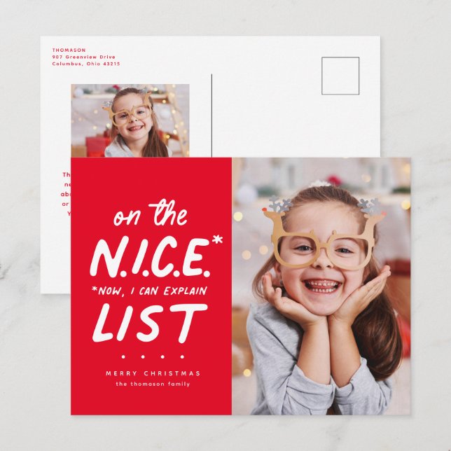 Nice list funny cute red two photo Christmas Holiday Postcard (Front/Back)