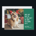 Nice list funny pet green Christmas photo Holiday Card<br><div class="desc">A cute and clever holiday card design to send Christmas cheer. This one-photo design with white text on green is perfect for dogs, cats or anyone else trying to get on the nice list. The wording reads "Nice list pro tip: if you can't be good, try being cute." Makes a...</div>
