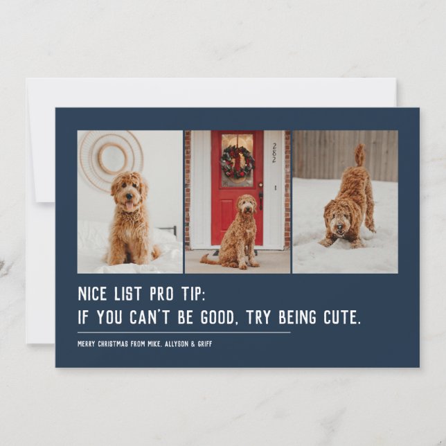 Nice list funny pet three photo navy Christmas Holiday Card (Front)