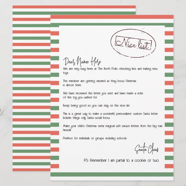 Nice List Letter From Santa Personalised Holiday Card (Front/Back)