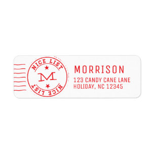 Nice List Monogram Red Return Address Label