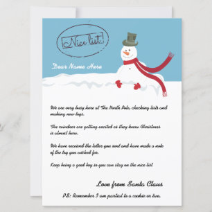 Nice List Snowman Letter From Santa Personalised Holiday Card