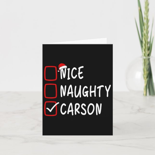 Nice Naughty Carson Personalised Name Christmas Ch Card (Front)