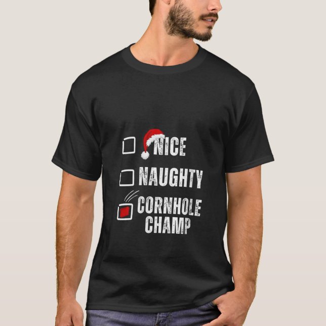 Nice Naughty Cornhole Champ Christmas Santa Claus  T-Shirt (Front)