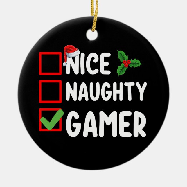 Nice Naughty Gamer Christmas List Gaming Santa Ceramic Ornament (Front)