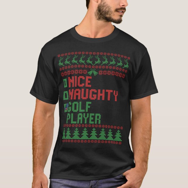 Nice Naughty Golf Player Funny Christmas Matching T-Shirt (Front)