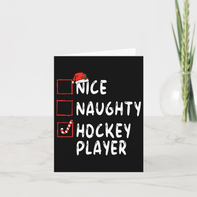 Nice Naughty Hockey Player Christmas Santa Hat Boy Card (Front)