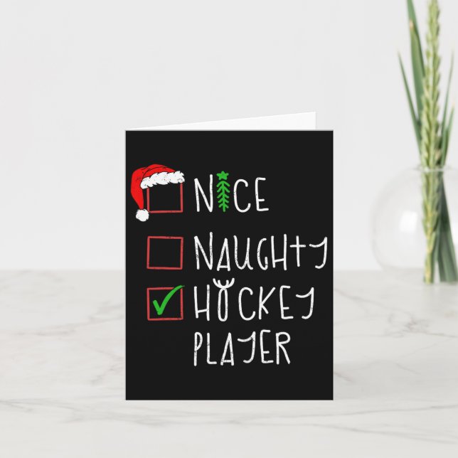 Nice Naughty Hockey Player Funny Christmas Costume Card (Front)