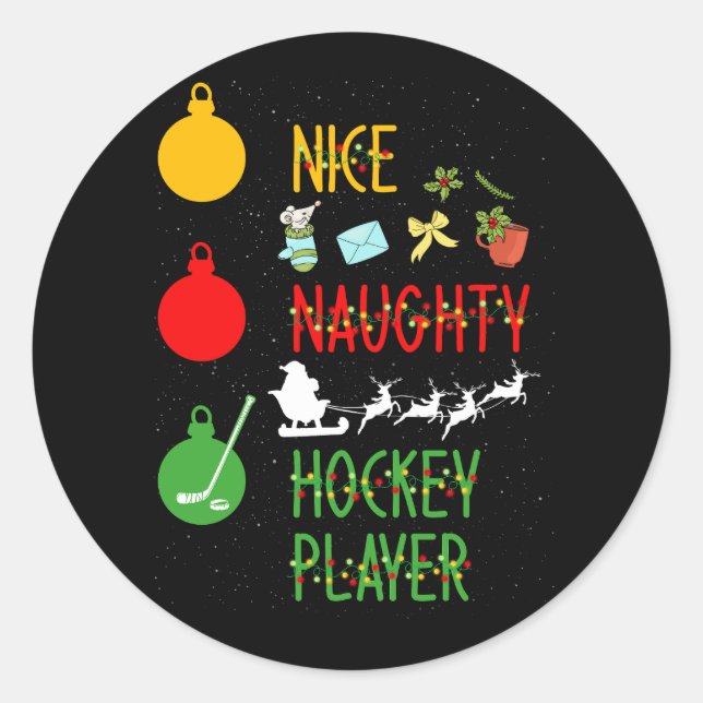 Nice Naughty Hockey Player List Christmas Santa Te Classic Round Sticker (Front)