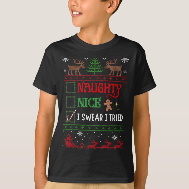 Nice Naughty I Swear I Tried Funny Christmas  T-Shirt (Front)