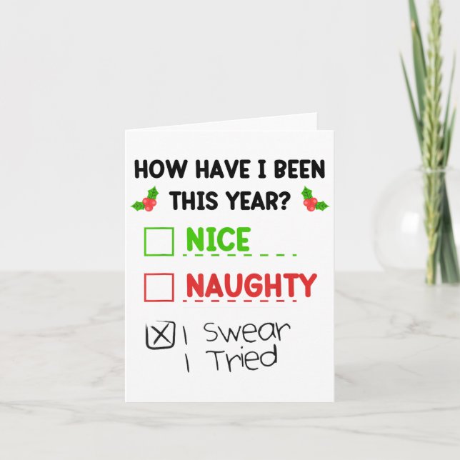 Nice Naughty I Swear I Tried List Funny Christmas  Card (Front)