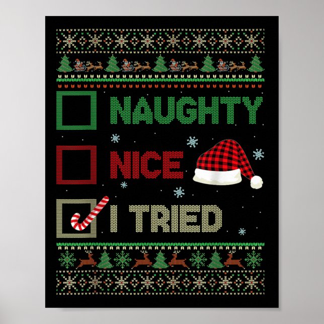 Nice Naughty I Tried Ugly Sweater Red Plaid Christ Poster (Front)