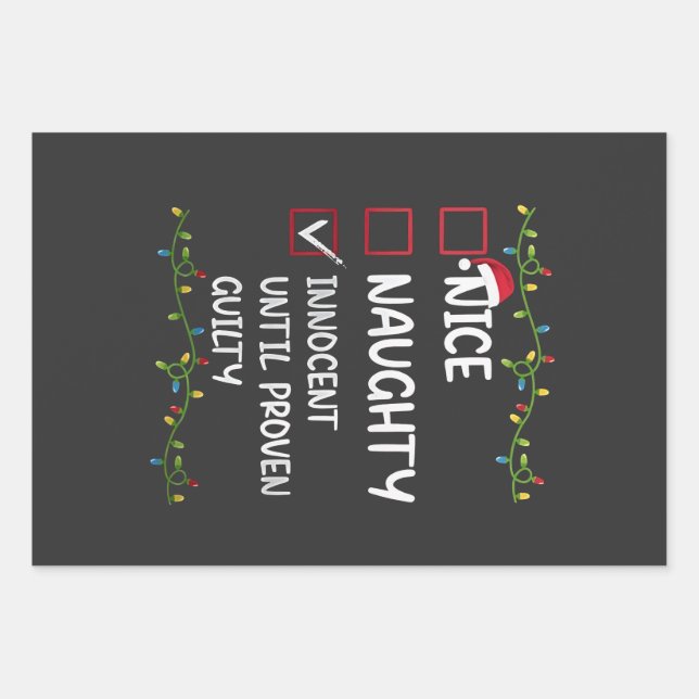 Nice Naughty Innocent Until Proven Guilty Xmas Wrapping Paper Sheet (Front)