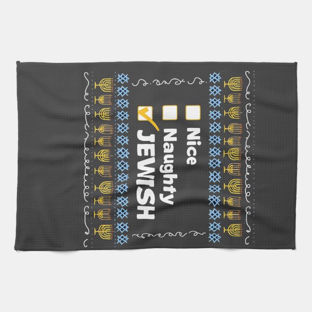 Nice Naughty Jewish Hanukkah Ugly Sweater Tea Towel (Horizontal)