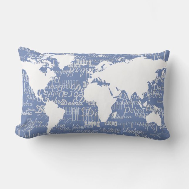 nice pattern of names & world map on blue lumbar cushion (Front)
