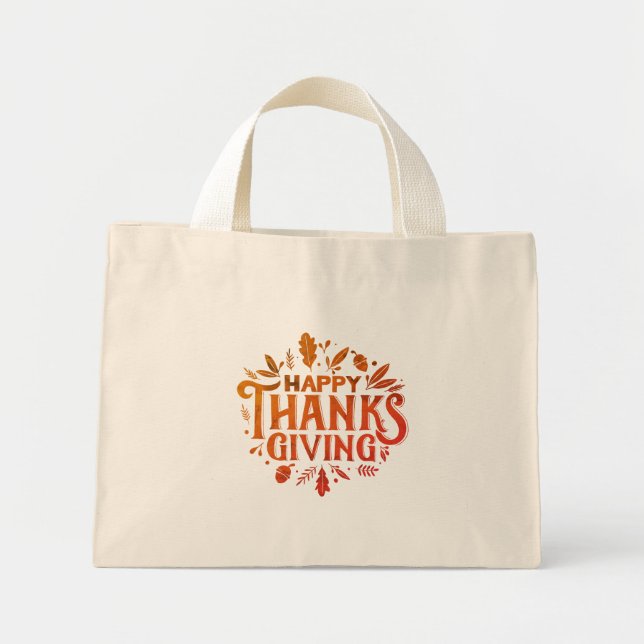 Nice Text Happy Thanksgiving with Leaves Autumn Mini Tote Bag (Front)
