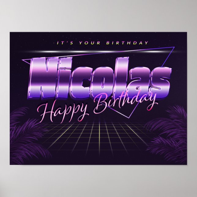 Nicolas Name First Name Purple Retro Poster Birthd (Front)