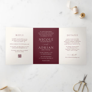 Nicole Merlot Elegant Wedding Tri-Fold Invitation