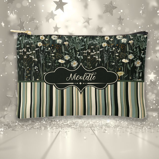 Nicolette Dark Daisy Floral Striped Accessory Pouch (Creator Uploaded)
