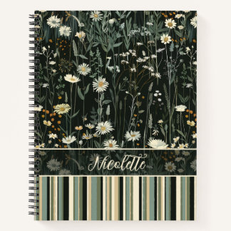 Nicolette Dark Daisy Floral Striped Deluxe Notebook